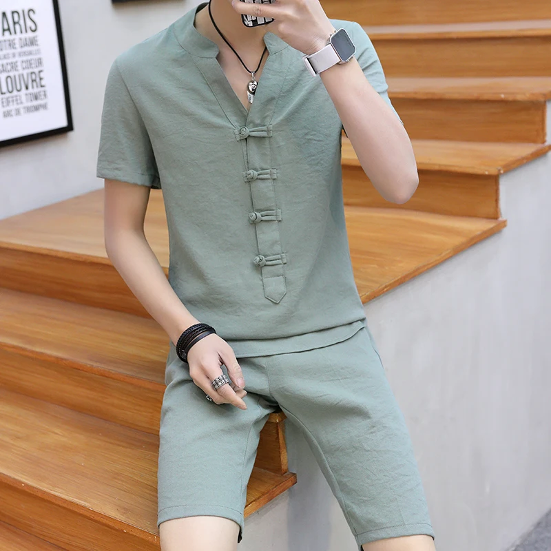 Summer Clothes Men 2 Pieces Sets VogueShorts And Short-sleeved Buckle T Shirt Men Breathable Slim Fit V Neck Linen Suits