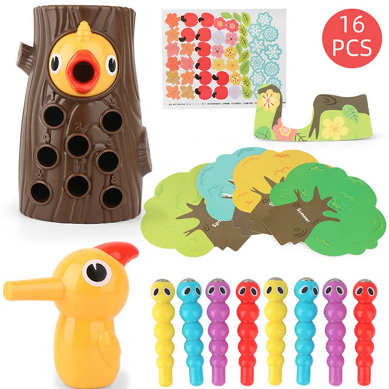 

Kids Toy Magnetic Wooden Woodpecker Catch The Worms Animal Game Toy for Baby Fishing Insect Birthday Toy Gifts toddler learning