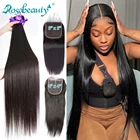 Rosabeauty 5x5 HD прозрачные прямые 3 4 пряди с закрытием 30 дюймовые перуанские волосы человеческие волосы для наращивания волна и 4X4 фронтальная
