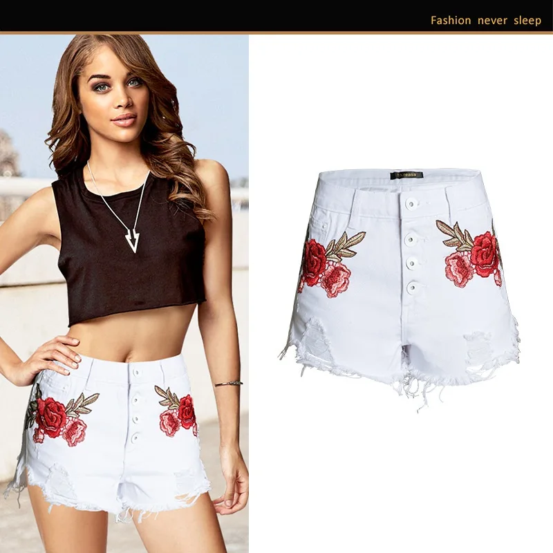 

Spring and summer women's denim ripped pants, women's flow beard denim shorts, high waist embroidery, white style, 2021 new