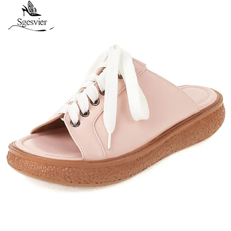 

Sgesvier 2021 New Arrive Flat Platform Shoes Women Slipper Pu Lace Up Summer Casual Shoes Comfortable Fashion Slipper Ladies