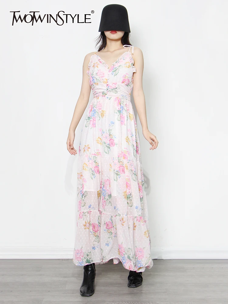 

TWOTWINSTYLE Повседневное платье на бретельках для женщин с v-образным вырезом без рукавов с высокой талией свободные платья в пол женская летняя ...