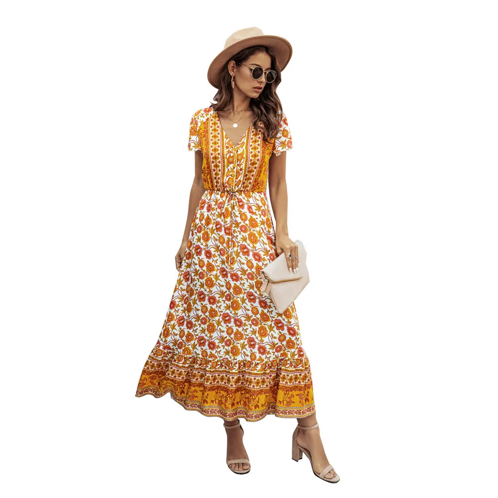 

Fashion Printing Midi Pattern Dress for Women Bohemian V-Neck Short Sleeve Tether Beach Party Dress Summer 2021