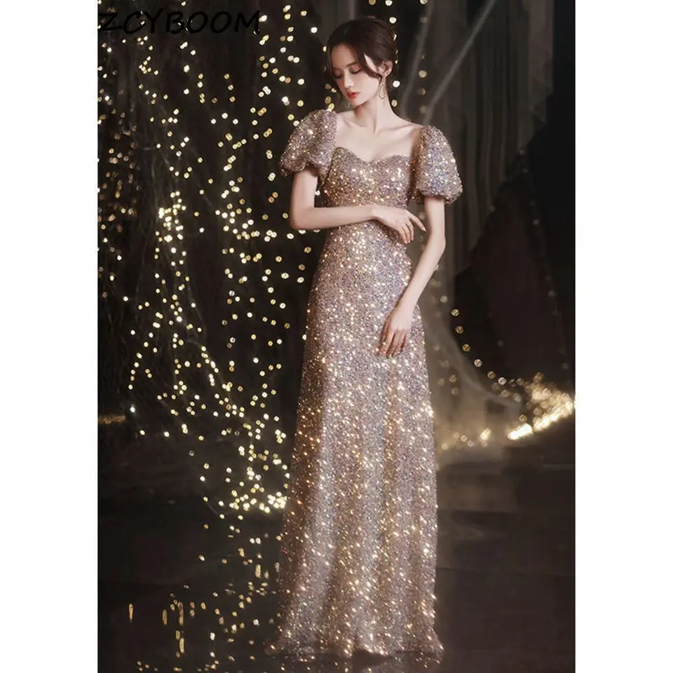 Champagne Sequined Evening Dresses 2022 Women Formal Party Night Off The Shoulder Vestido De Gala Wine Red Graduation Prom Gowns
