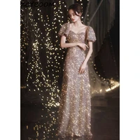 champagne sequined evening dresses 2021 women formal party night off the shoulder vestido de gala wine red graduation prom gowns