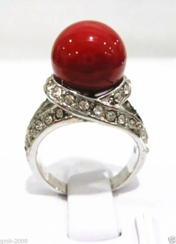 

Free shipping Rare 12mm Coral Red South Sea Shell Pearl 18KGP Ring Size 7/8/9 AAA