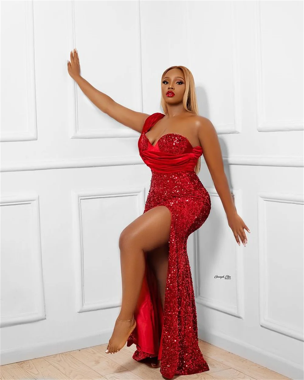 

Женское кружевное платье-Русалка на одно плечо, красное Элегантное Длинное Вечернее Платье С Блестками, плиссированное платье без рукавов ...