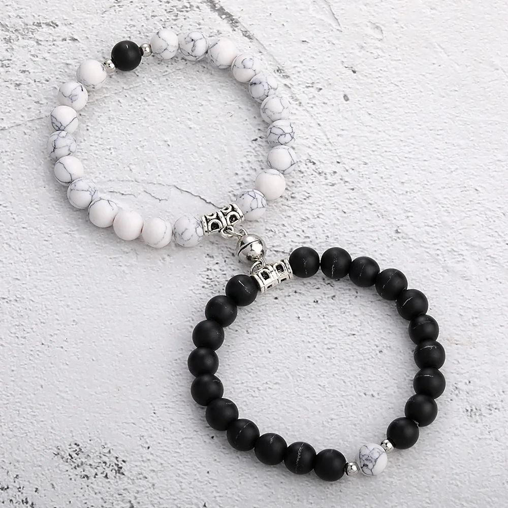 Pair Lover Couple 8mm Black White Stone Magnet Charms Beaded Elastic Band Bracelets for Women Men Jewelry