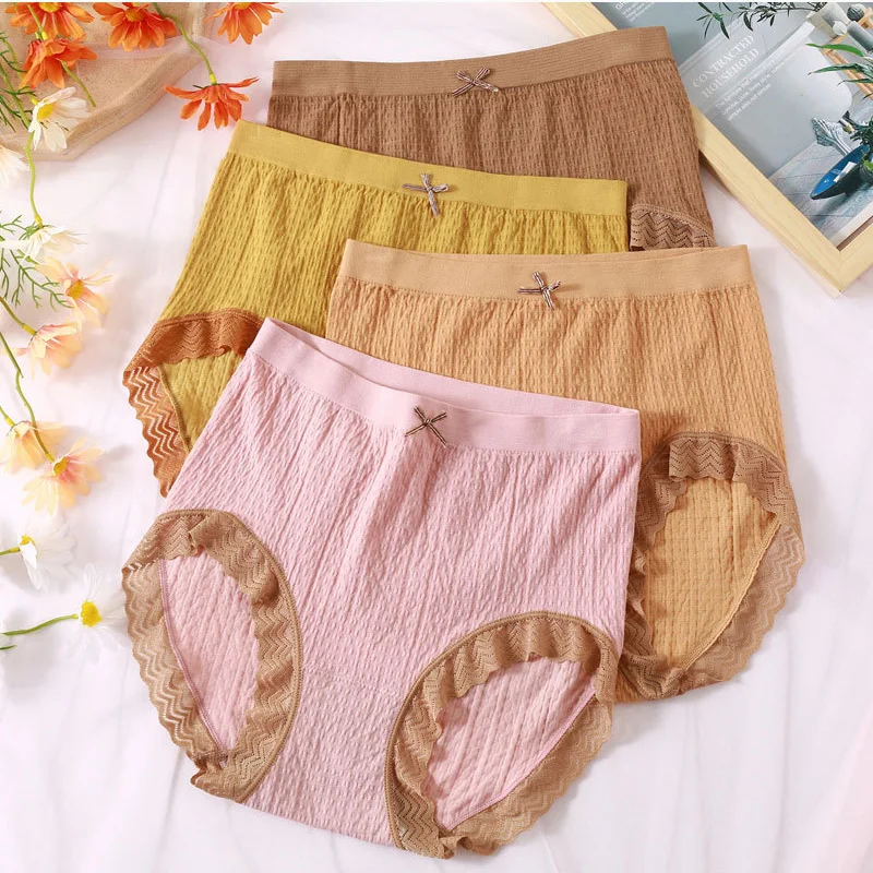 

Бесшовные женские трусики больших размеров с высокой талией, милые трусы с бантом, нижнее белье, женские удобные кружевные эластичные хлопк...