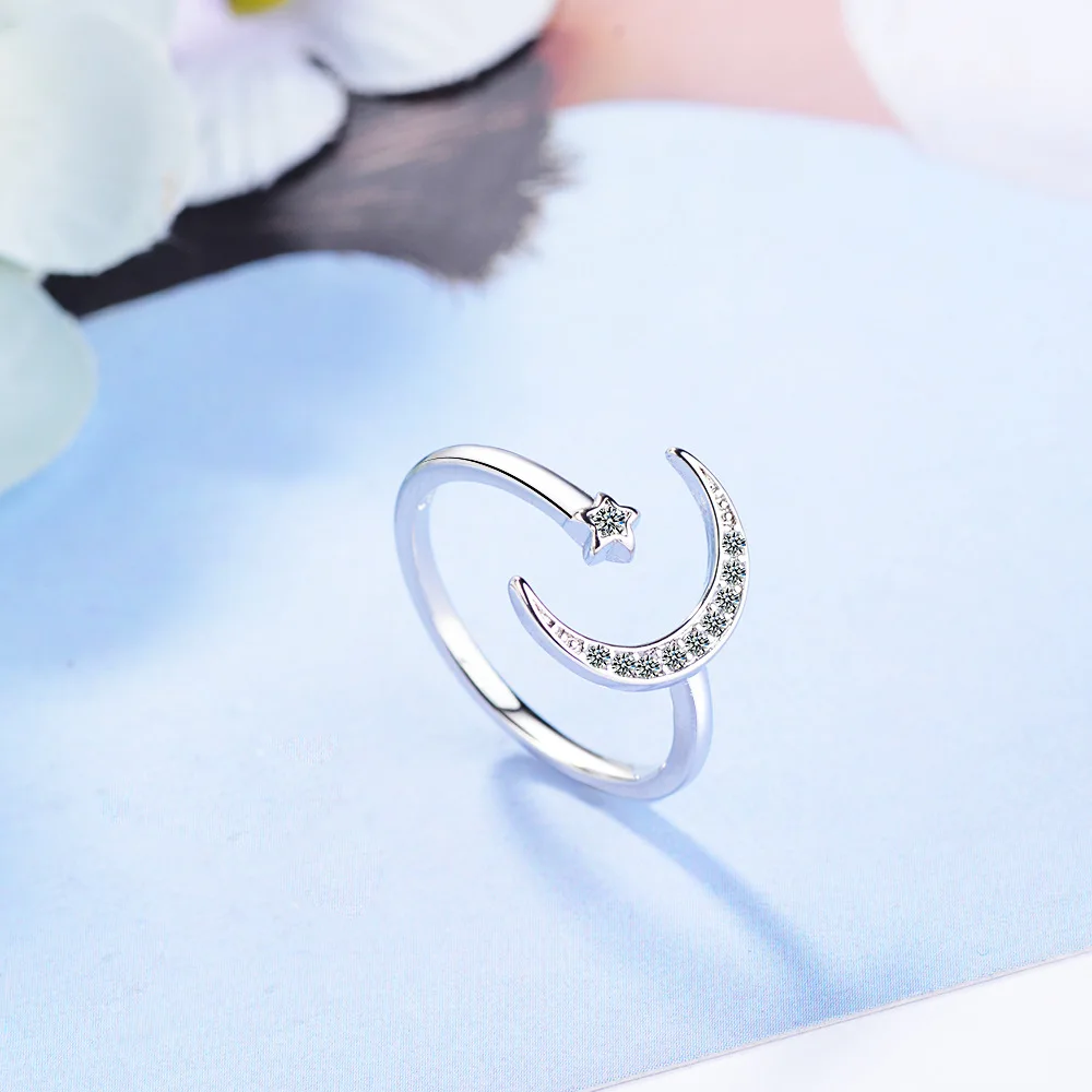 

925 Sterling Silver Star Moon Zircon Adjustable Open Finger Rings For Women Girls Wedding Dorpshipping Anelli Fine Party Jewelry
