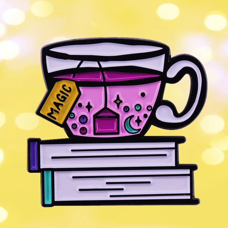 

Drink Tea and Reading Happiness Is a Cup of Tea and a Good Book Literary Enamel Brooch Pins Badge Lapel Pin Alloy Metal Jewelry