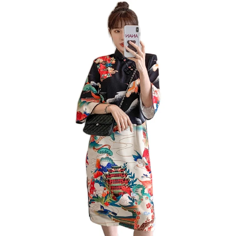 

Printed Middle Sleeve Improved Split Female Cheongsam Nine-quarter Sleeves Commuter Buckle Chinese Stand-up Collar Ladies Dress