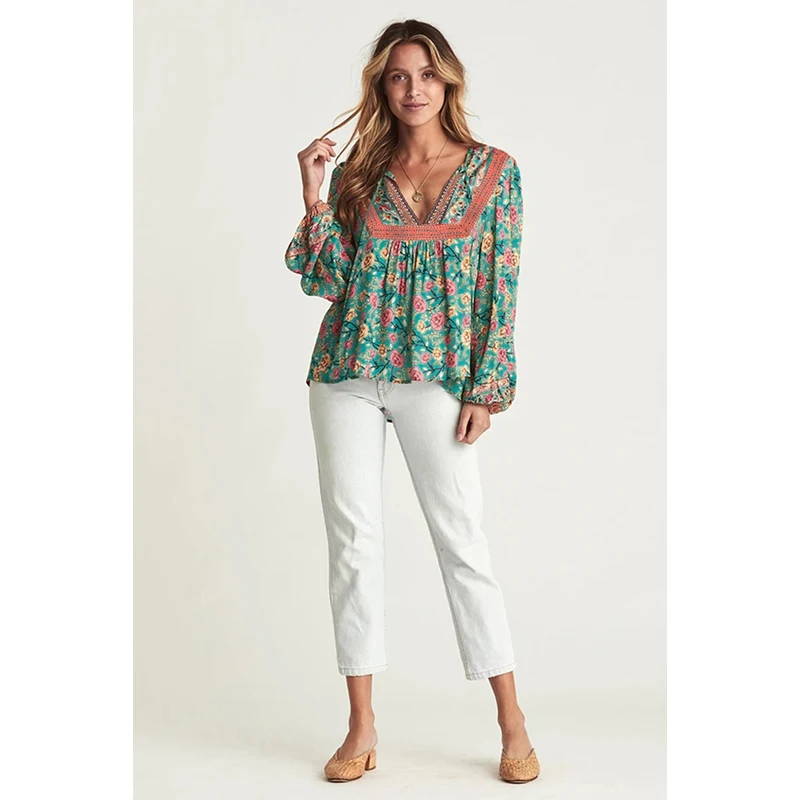 

2020 Bohemia Green V Cut Neck Floral Lantern Sleeve Blouse Women Mujer De Moda 2020 Plus Size Blusas Fashion Clothing 2XL
