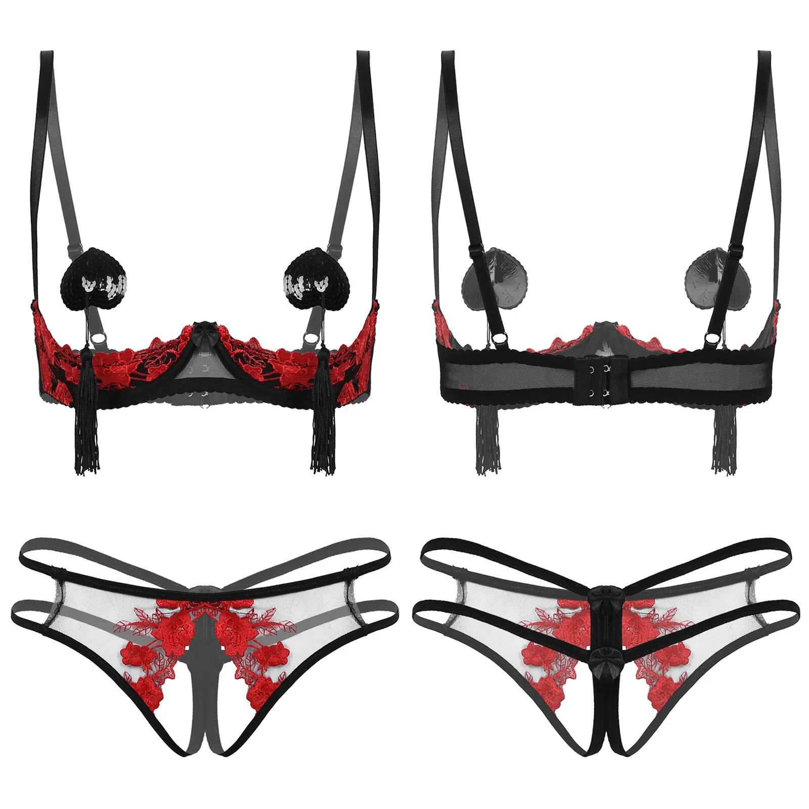 

MSemis Womens Lace Sissy Lingerie Set Bare Breast Underwired Bra Tops Crotchless Open Crotch Briefs with Nipples Tassel Pasties