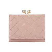 pearl decoration women short wallet with coin pocket korean pu leather small cute female card holder hasp lady mini pink purse