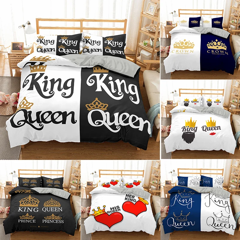 

Nordic Crown King Queen Couple Bedding Sets 2 People Adult Lovers Quilt Bed Lines 3D Print White Comfort Duvet Cover 240x220