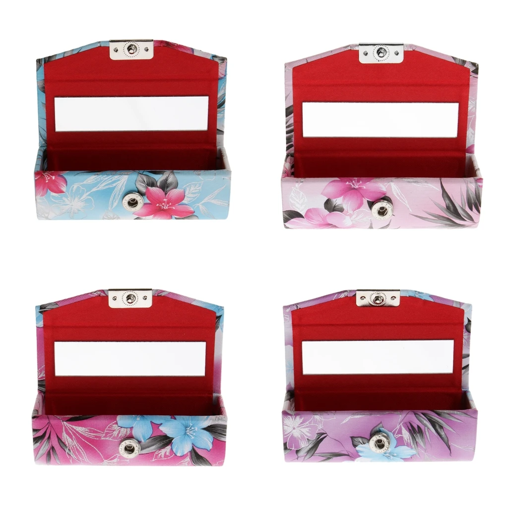 

Lady Lipstick Case Lip Balm Gloss Holder Box Leather Flower Design - Blue