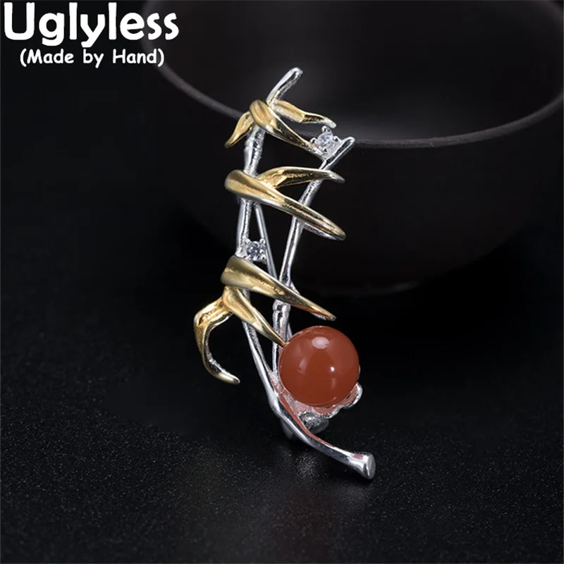 

Uglyless China Chic Bamboo Leaves Brooches for Women 925 Silver Bamboo Pins Natural Agate Men Ethnic Dress Brooches Gemstones