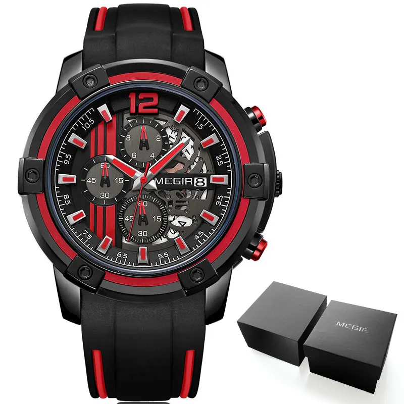 MN2097G-Red Мужские спортивные кварцевые часы Megir, армейские военные наручные часы с хронографом для мужчин, светящиеся мужские часы 2097, черные, красные - Цвет: MN2097G-Red