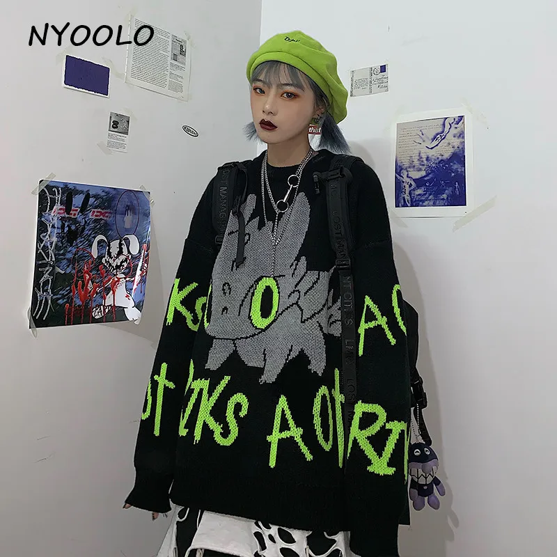 NYOOLO Harajuku Мультфильм Тритон моря буквы теплый вязаный свитер Осень Зима Свободный пуловер толстый свитер для женщин и мужчин