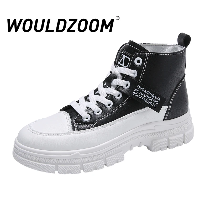 

WOULDZOOM Winter Zapatillas Mujer Sneakers Women 2021 Flat Platform Turnschuhe Damen Black Lace High Top Woman Ladies Shoes New