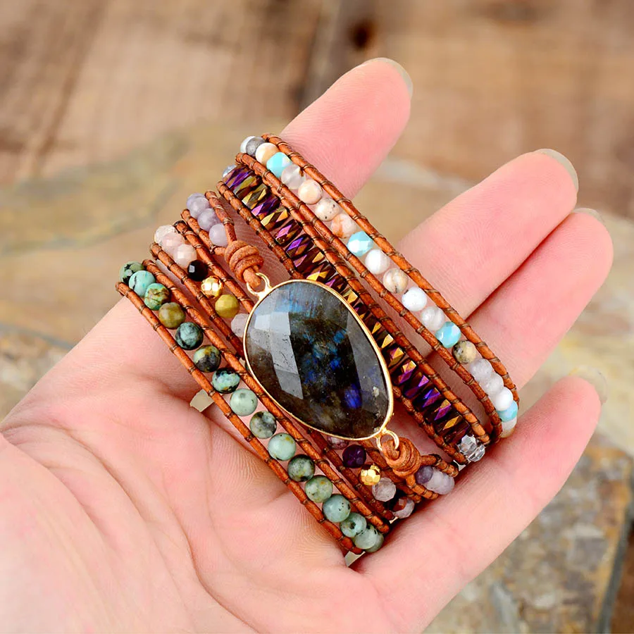 Exclusive New Women Boho Bracelets Labradorite 5 Times Leather Strap Woven Wrap Beads Bracelets Femme Dropshipping