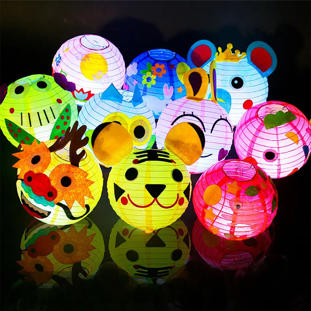 

LED 20cm Cartoon Animals Lantern Chinese Round Paper Lantern Child DIY Handcrafts for Birthday Party Wedding Decoration Candle