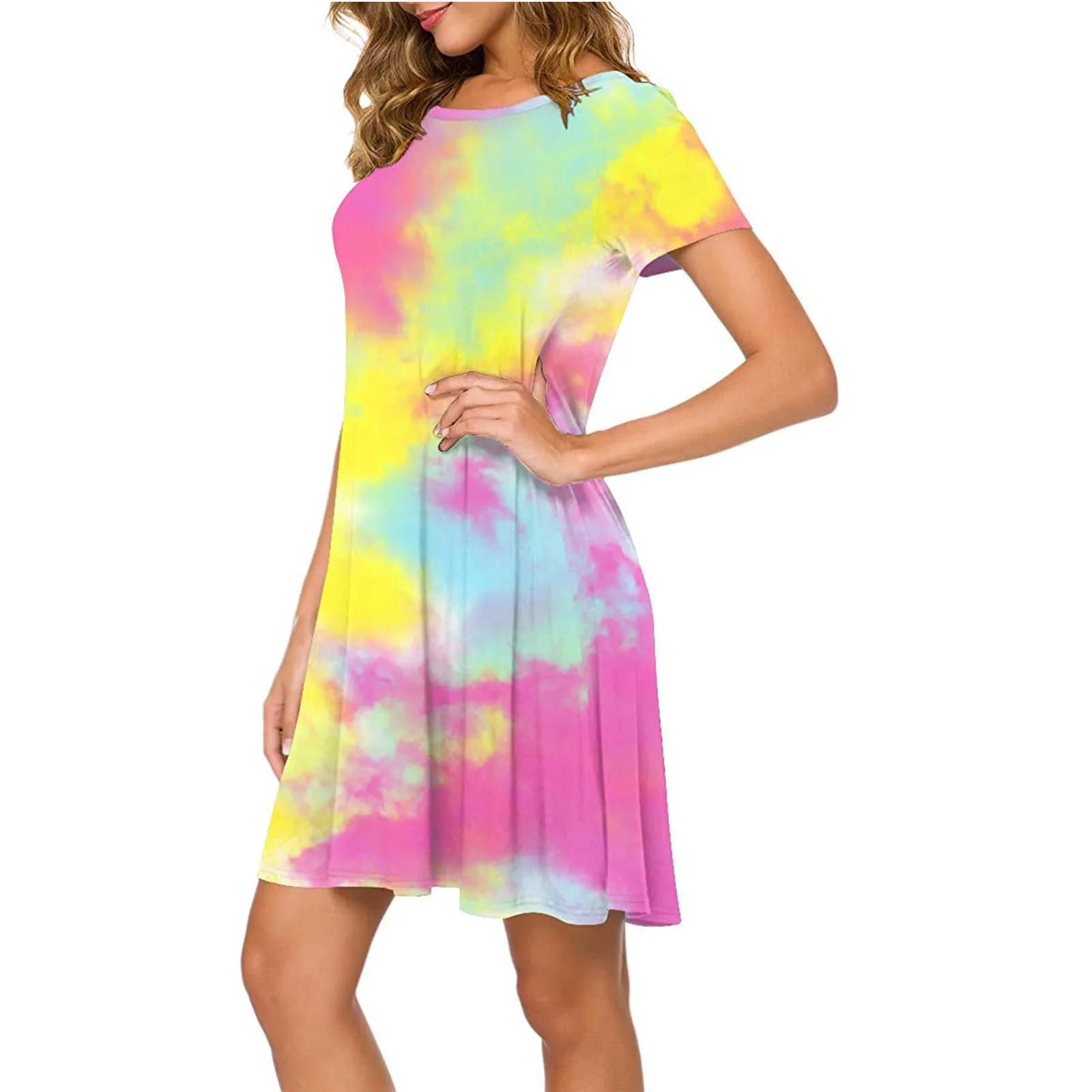 

Fashion Dresses Colorful Dress Fashion Women Casual Short Sleeve O-neck Printing Ladies Loose Mini Dress Платья Для Женщин