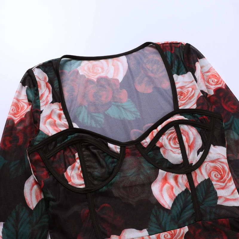 

Women Sexy Floral Bandage Slim Mini Dress Ladies Square Collar Printed Bodycon Package Hip Party Club Outfit Clothes Streetwear