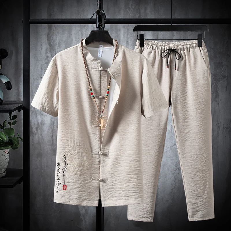 

(Shirt + trousers) 2021 summer men shirt Man Cotton and linen shirts short sleeves men's fashion casual shirts men size M to 5XL