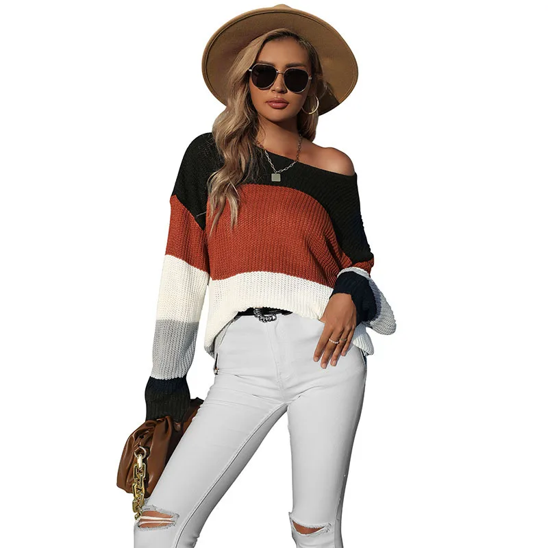 

New Products 2021 Autumn and Winter Middle East Women's Clothing Loose Thin Pullover Knitted Round Neck Spliced Sweater Women's