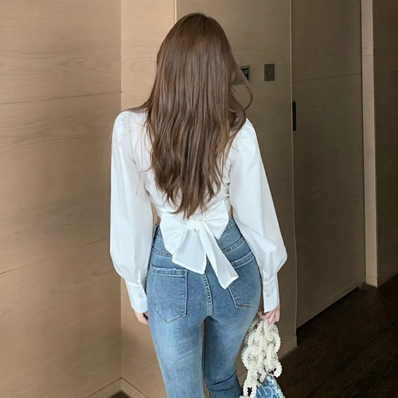 Хипстерская рубашка с отложным воротником и рукавами-фонариками кроп-топ модная