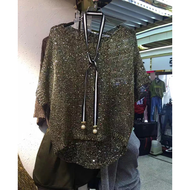 

Shiny Sequin pullovers Women short Sleeve Pullover tops women Golden Basic Shirt Sequin Knit Tops