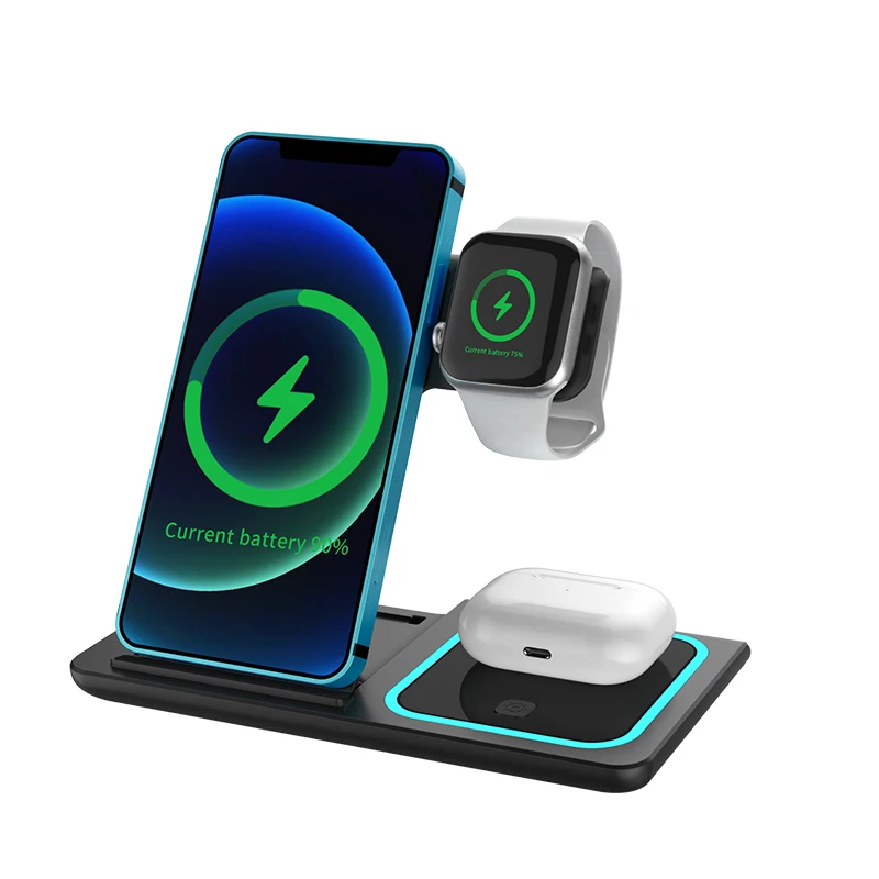 

New Foldable Qi 15W Wireless Phone Charger Holder With Blue Indicator 3 IN 1 Fast Charge Pad For IPhone Airpods Huawei Samsung