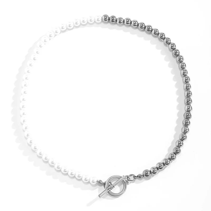 

New Fashion Baroque Pearl Chain Necklace Women Punk Toggle Clasp Circle Lariat Bead Choker Necklaces Jewelry