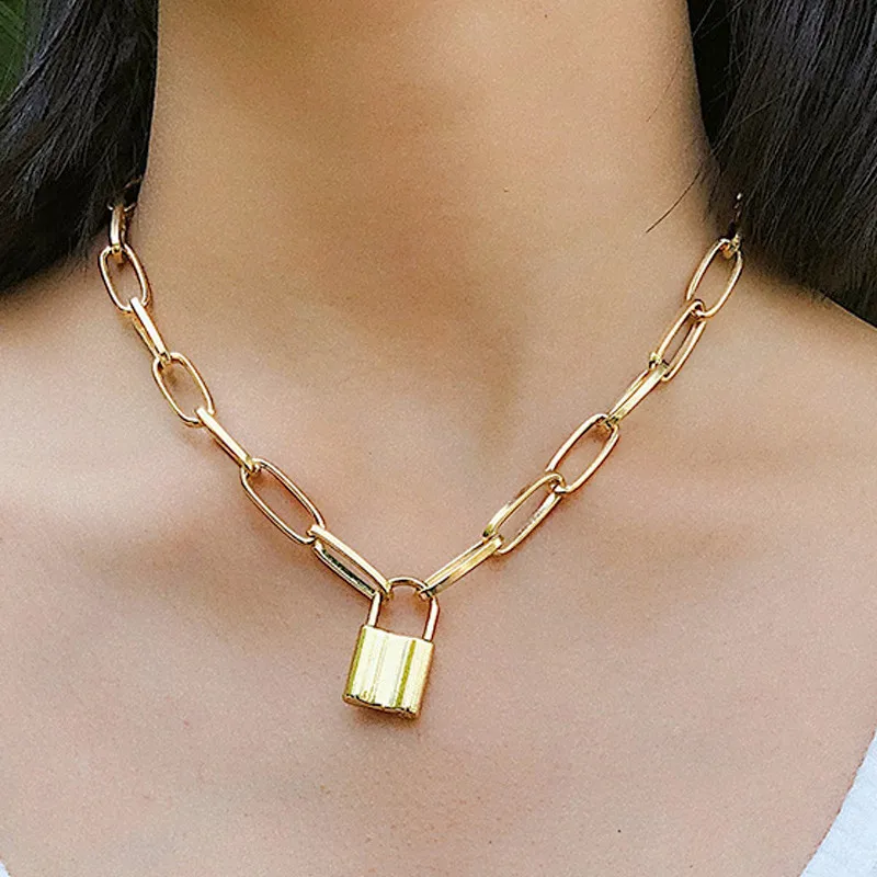 Popular Lock Pendant Chain Necklace Punk Link Chain Gold Color Padlock Pendant Necklace Women Fashion Gothic Jewelry Gift