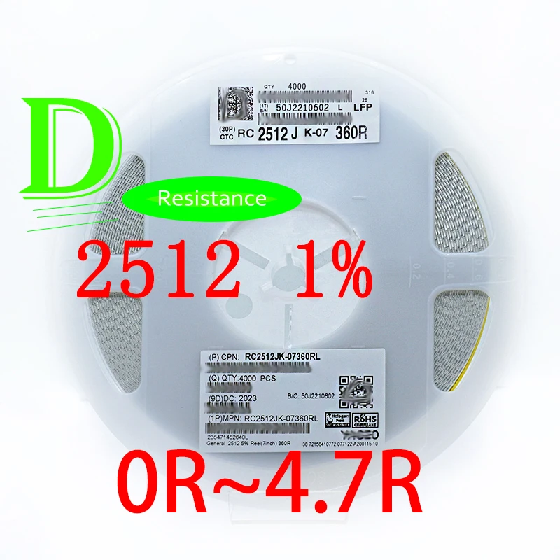 

50PCS SMD Resistor 2512 1% RC2512FK-07 Series 0R 1R 1.1R 1.2R 1.3R 1.5R 1.6R 1.8R 2R 2.2R 2.4R 2.7R 3R 3.3R 3.6R 3.9R 4.3R 4.7R