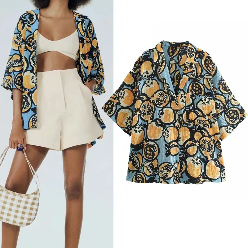 

Женская блузка с коротким рукавом Za, винтажная Свободная рубашка с мультяшным принтом, с накладными карманами, на пуговицах, лето 2021