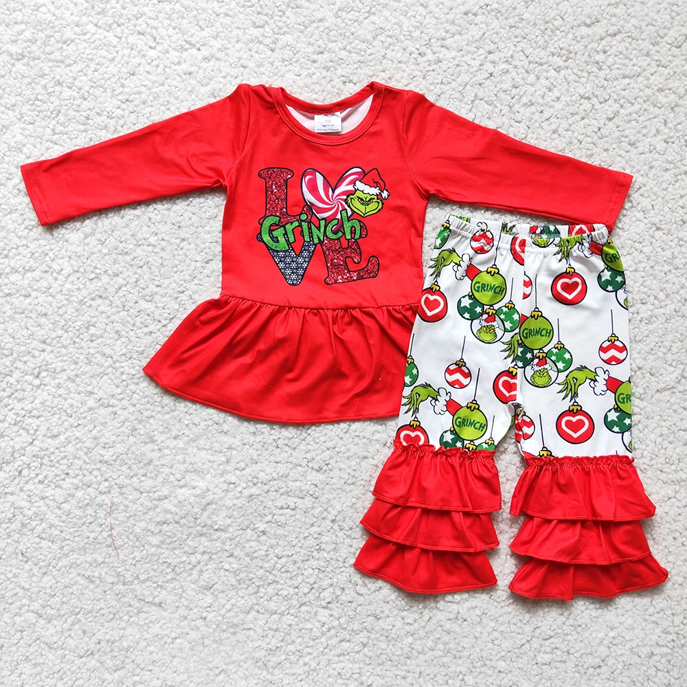

Fashion Red Color Tunic Top Match Ruffle Pants Set For Children Merry Christmas Girl Long Sleeve Outfit With Candy And Cartoon
