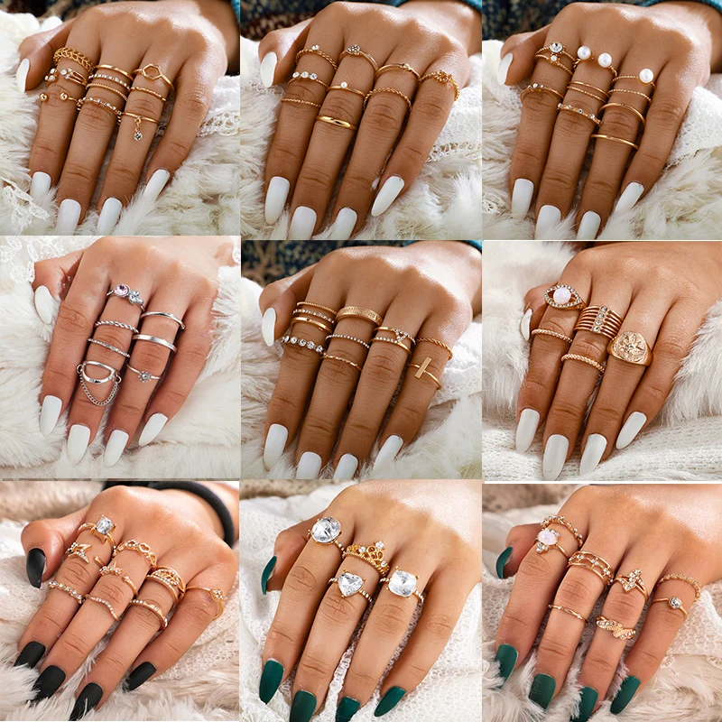 Docona Fashion Crystal Sun Pearl Rings Set for Women Gold Color Geometric Heart Knuckle Finger Rings Female 2020 Jewelry Anillos
