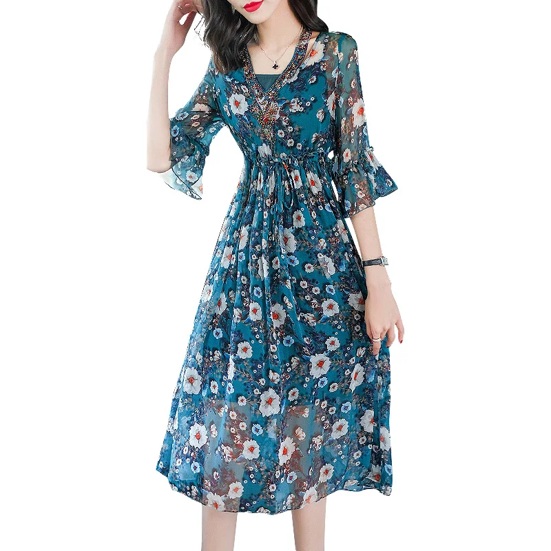 

Silk Floral Dress 2021 New Summer Dress Fairy Beach Print Loose Silk Dress