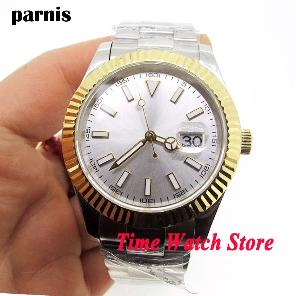 Мужские часы с серебристым циферблатом Parnis 40 мм светящийся Золотой Безель дата