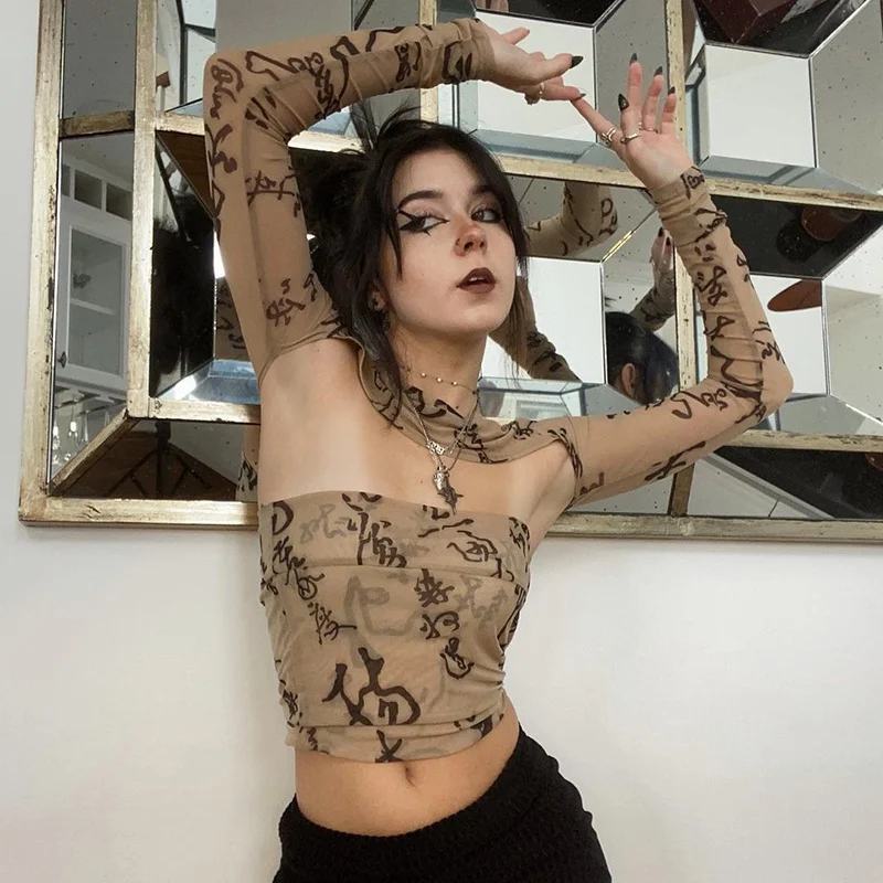 

ZOVSV Khaki Mesh Transparent See Through Woman Tshirts Autumn y2k Grunge Long Sleeve T Shirt Ladies Letter Print 2 Pieces