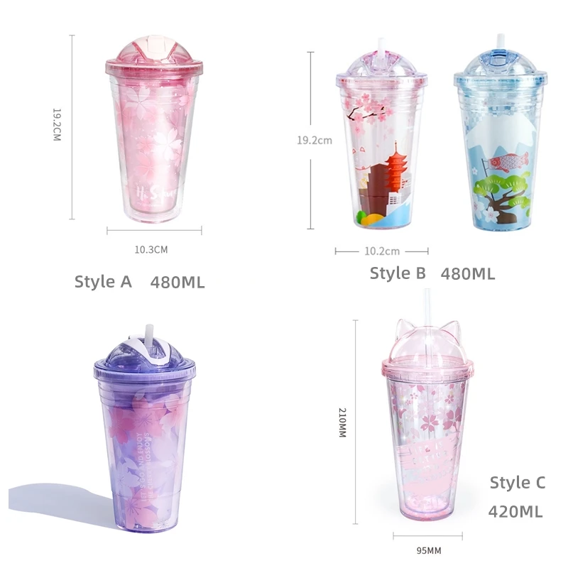 

Sakura BPA Free Plastic Cups with Lids and Straw Water Bottle for Drinking Coffee Mug Juice Milk straw cup Hidden Straw Ice Cup
