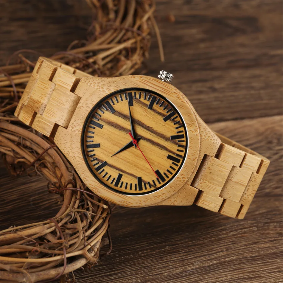 

Trendy Wood Stripes Dial Natural Bamboo Wood Men Watch Quartz Wristwatch Red Seconds Hands Full Wood Bangle Male Timepiece