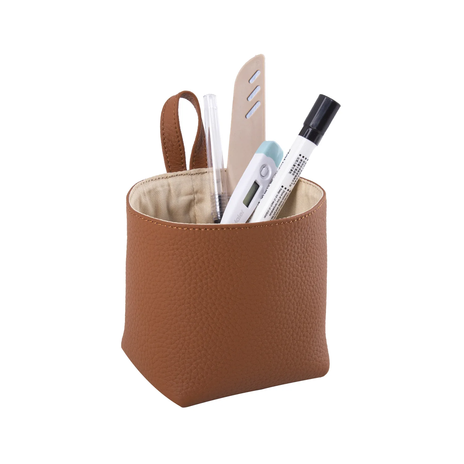 

2021new foreign trade creative literary stationery storage bag top layer cowhide key sundry bag cosmetics basket fashion pen bag