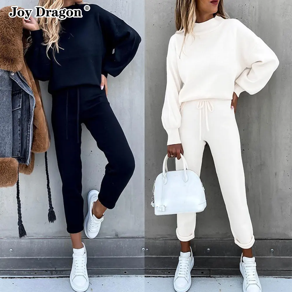 Women Solid Color Two Piece Suits Autumn Winter Long Sleeve Tops High Waist Pant Tracksuit 2pcs Set Casual Trousers Home Clothes
