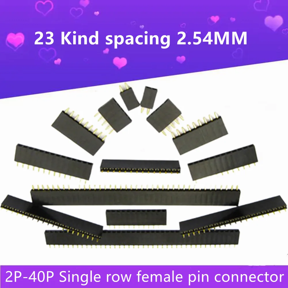 10Pcs/Iots 2/3/4/5/6/7-40Pin 2.54MM Pitch Right Angle Header Single Row Female 23 Kind Pin Connector Strip Round Needle 1x40