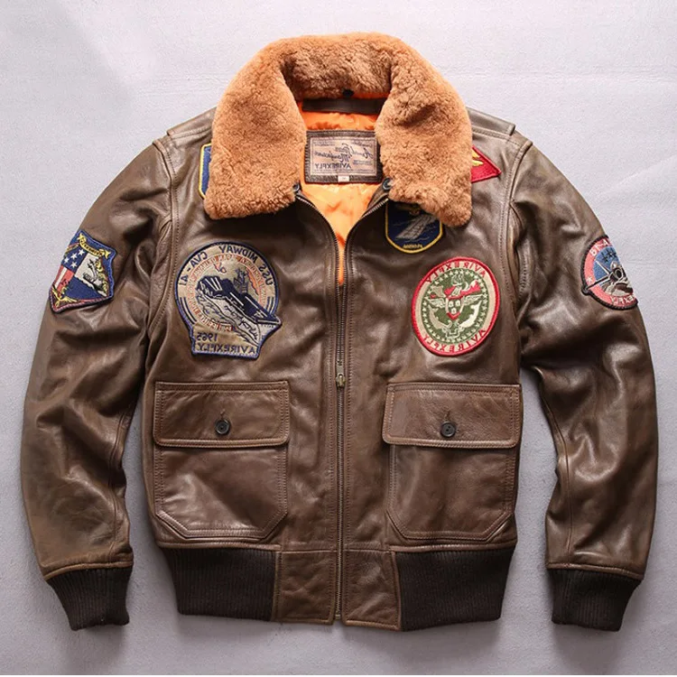 

force flight air G1 pilot warm fur collar leather jacket high quality genuine cow leather clothing thick cowhide rider jacket