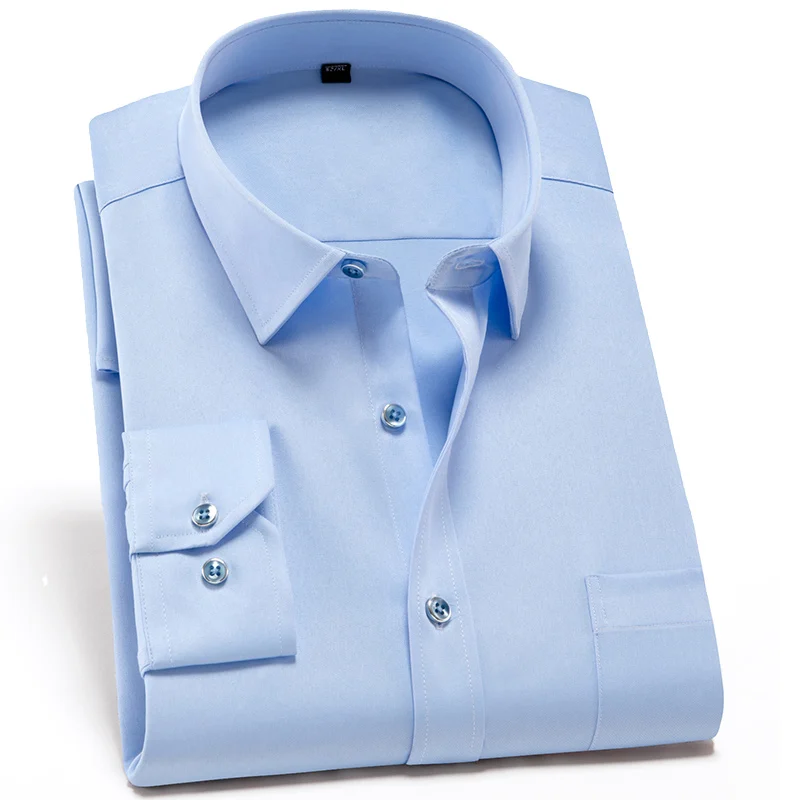 light blue Розовая рубашка из бамбукового волокна, Мужская брендовая Повседневная облегающая эластичная Мужская рубашка, Классическая однотонная деловая рубашка с длинным рукавом на пуговицах - Цвет: light blue